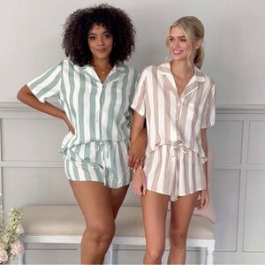 Birdy Grey Striped Button-Up Pajama Set, Green and White, Size XL